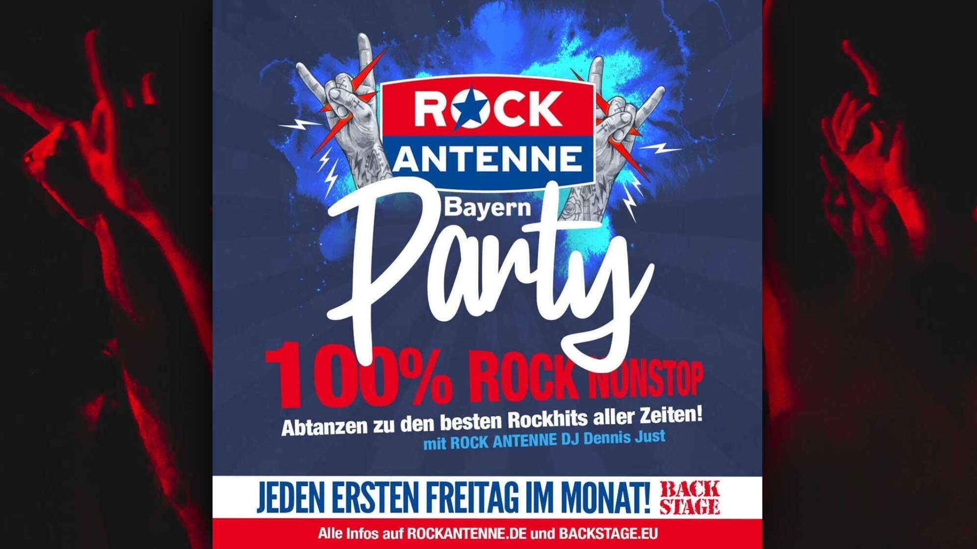 Das Plakat der ROCK ANTENNE Bayern Party im Backstage München mit DJ Dennis Just vor zur Pommesgabel gereckten Armen