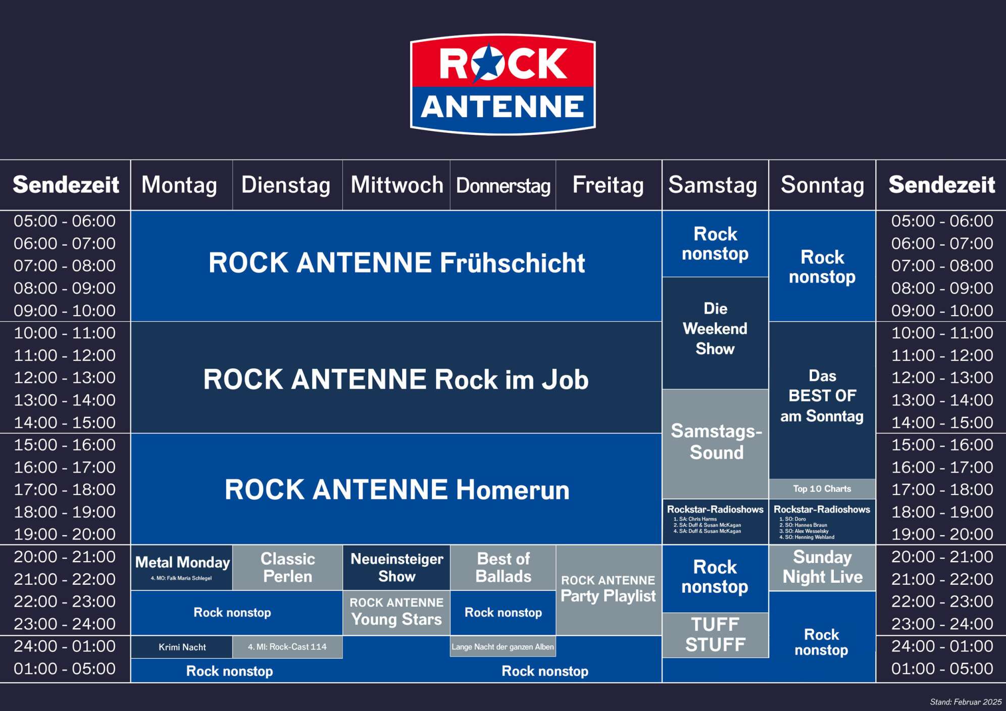 Das Programmschema von ROCK ANTENNE mit allen Sendungen Montag bis Sonntag