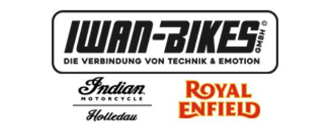 Das Logo des Motorradhändlers IWAN-BIKES mit den Logos Indian Motorcycle Holledau und Royal Enfield