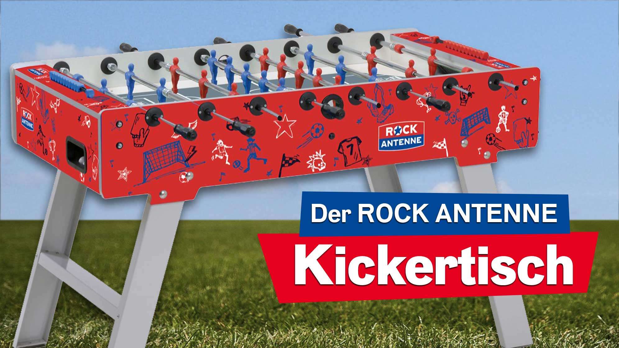 Grafische Darstellung des ROCK ANTENNE Kickertischs mit ROCK ANTENNE Scribbles auf dem Layout - dazu der Text: Der ROCK ANTENNE Kickertisch