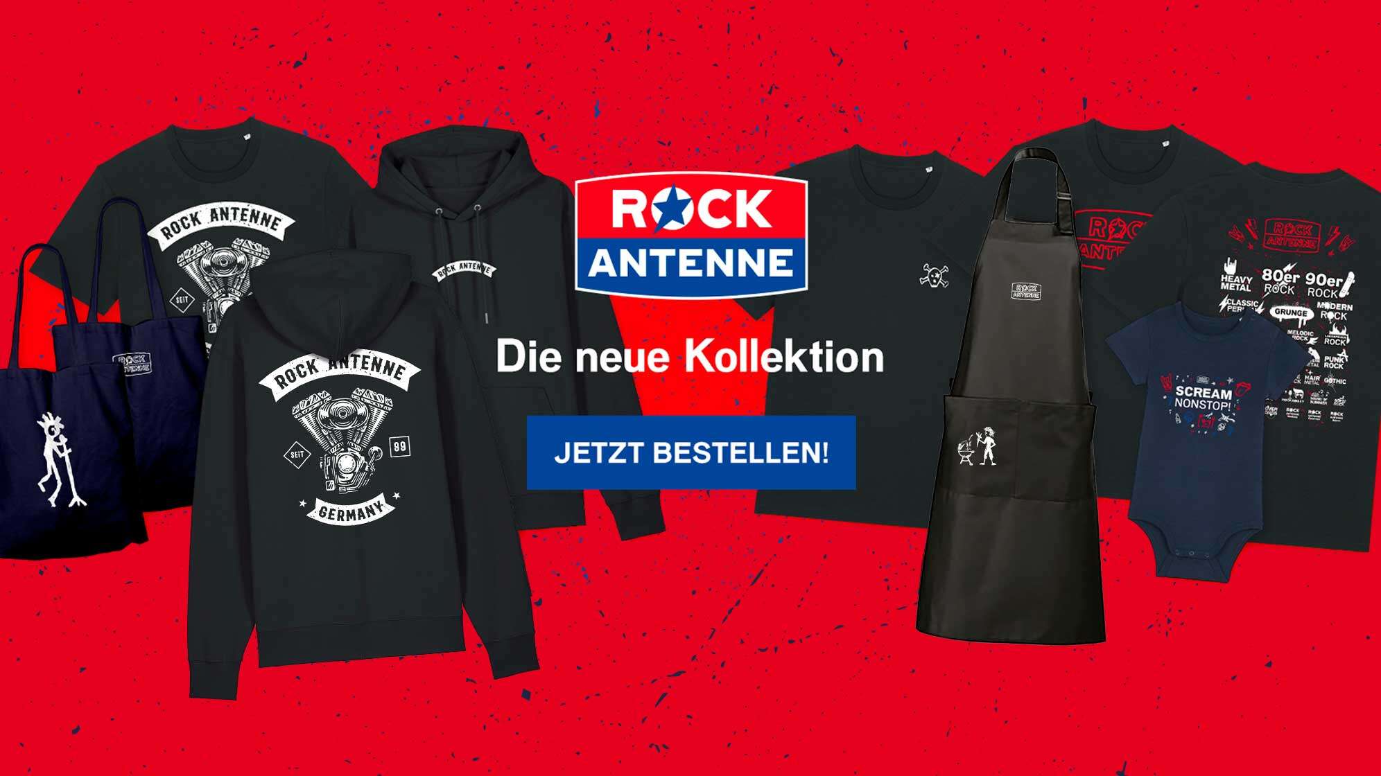 Die ROCK ANTENNE Merchandise Shop Produkte nebeneinander: Jutebeutel, T-Shit und Hoodie in verschiedenen Designs, das ROCK ANTENNE Logo und der Text: Die neue Kollektion - jetzt bestellen!