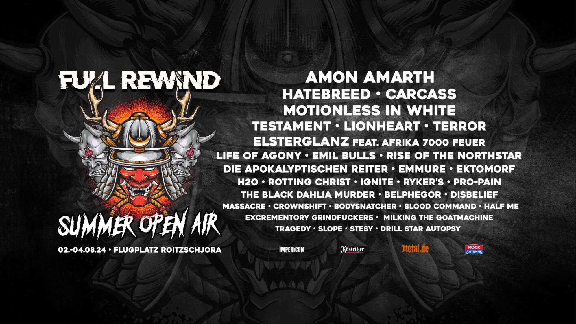 Das Full Rewind Festivalplakat: 02.-04. August 2024 Summer Open Air mit Amon Amarth, Hatebreed und Motionless in White als Headliner