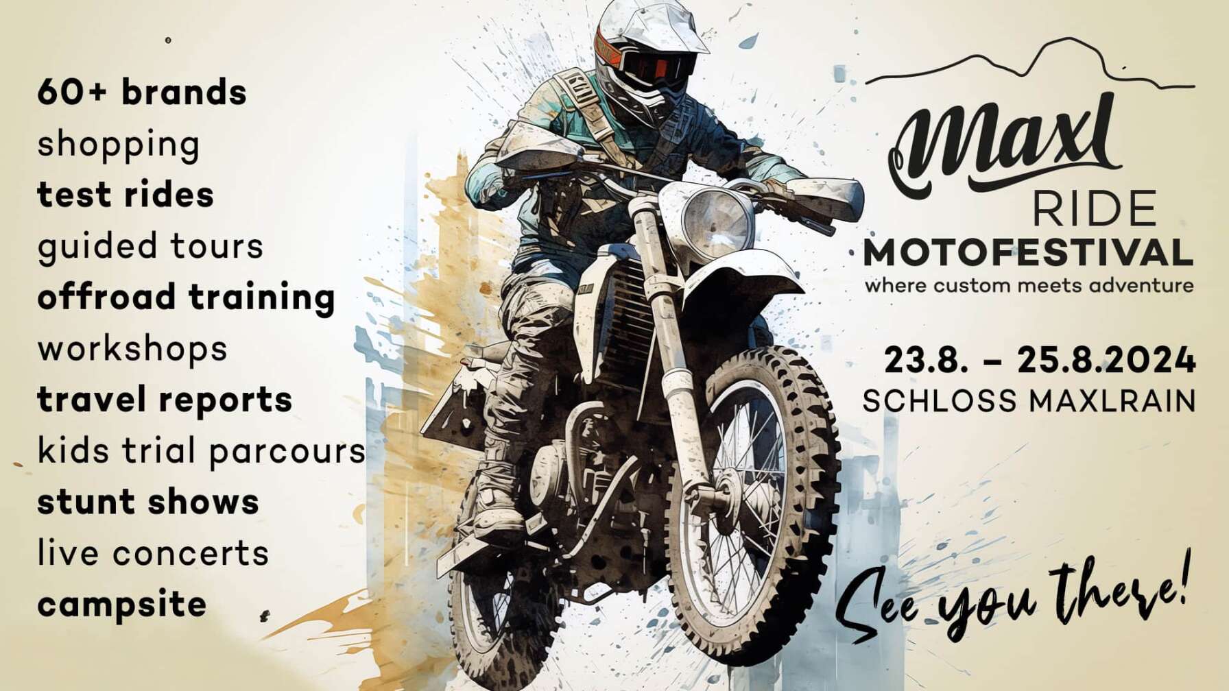 Plakat des zweiten MaxlRIDE Moto Festivals von 23. bis 25. August 2024 in Maxlrain