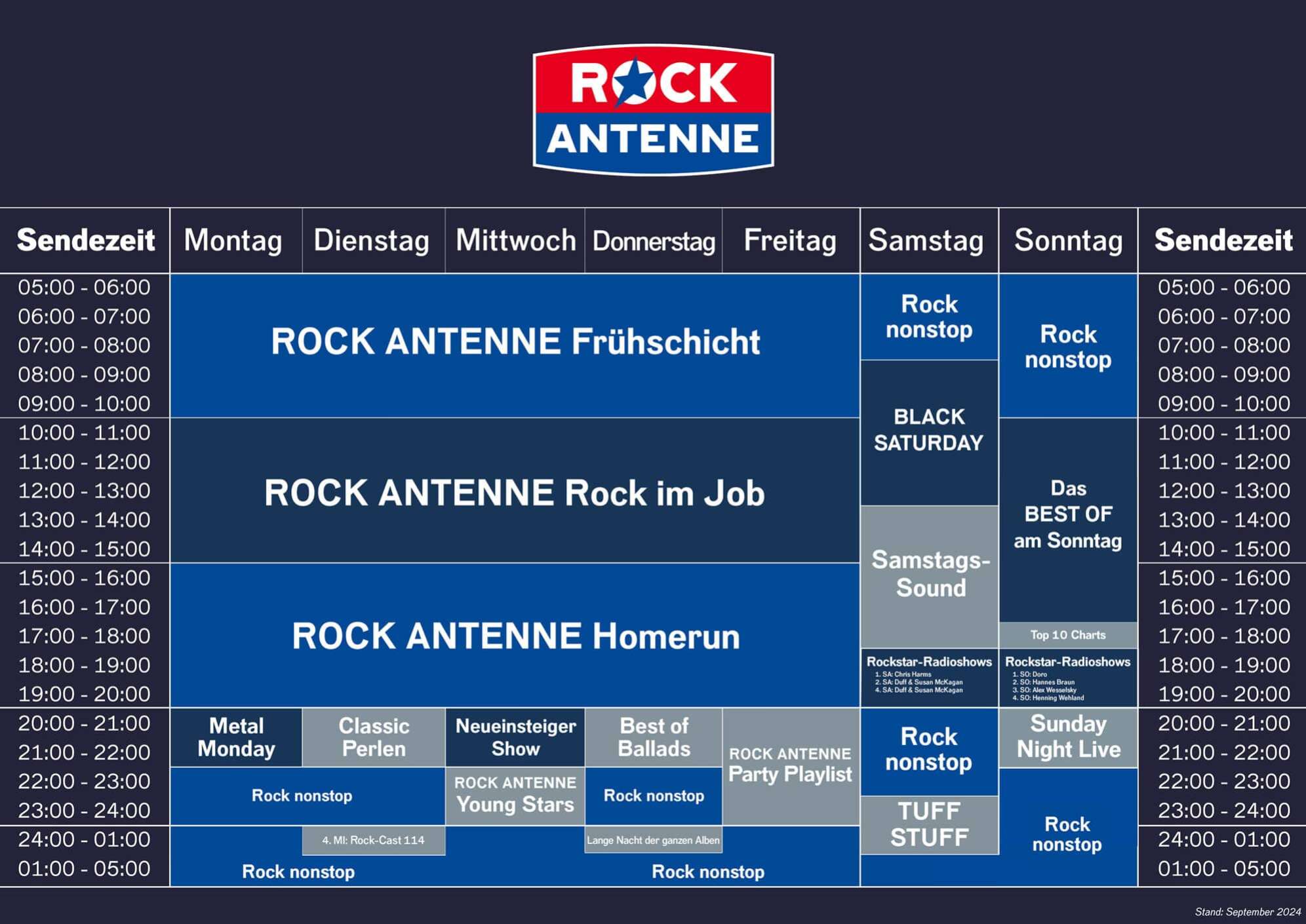 Das Programmschema von ROCK ANTENNE mit allen Sendungen Montag bis Sonntag