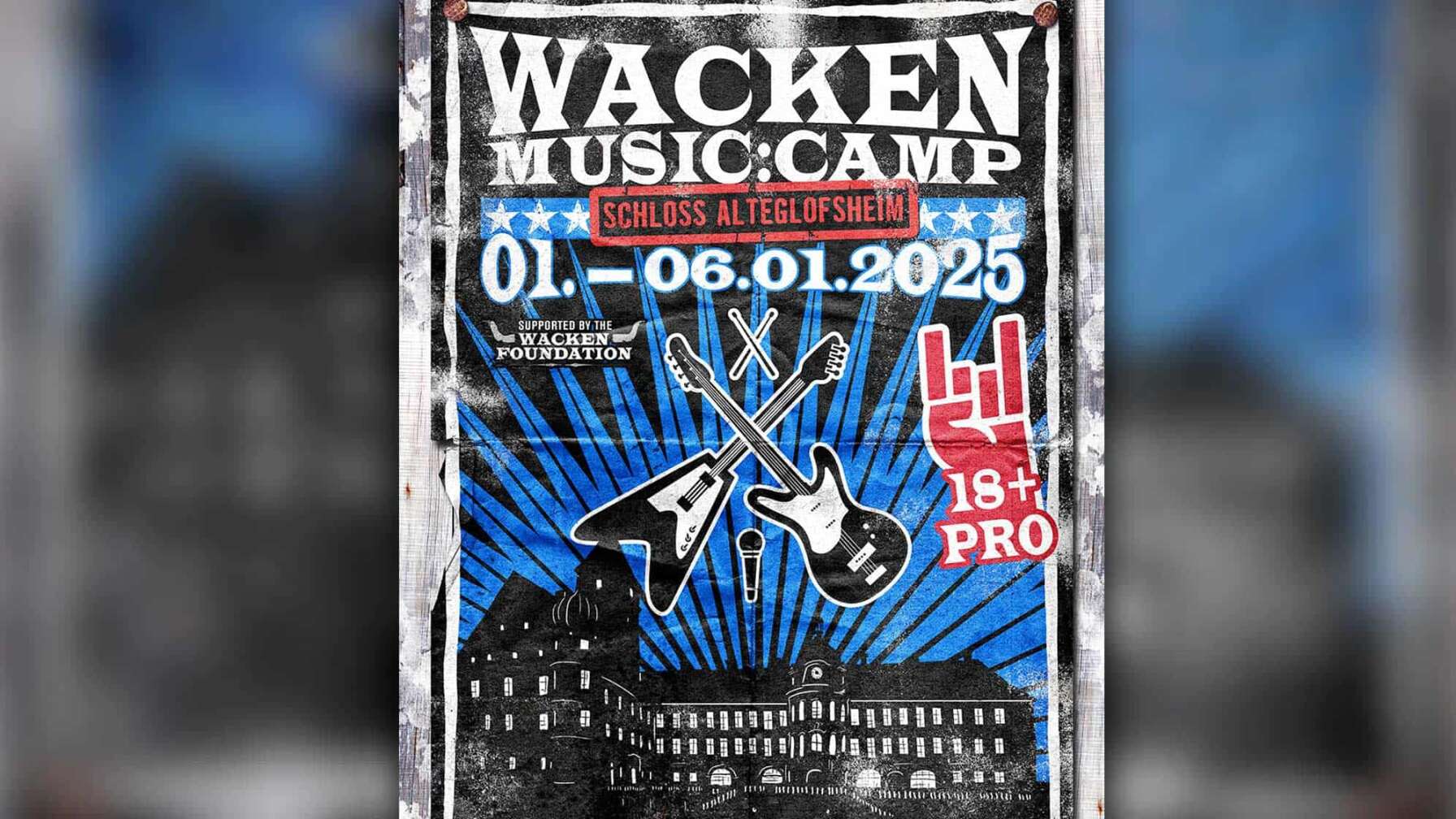 Werbegrafik des Wacken:Music:Camp Nachwuchs Förderprojekts in Schloss Alteglofsheim von 01. bis 06. Januar 2025