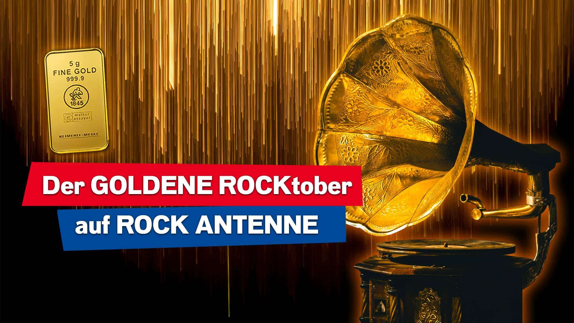 Bild eines Goldregens im Hintergrund, ein goldenes Grammophon im Vordergrund, dazu der Text: Der GOLDENE ROCKtober auf ROCK ANTENNE