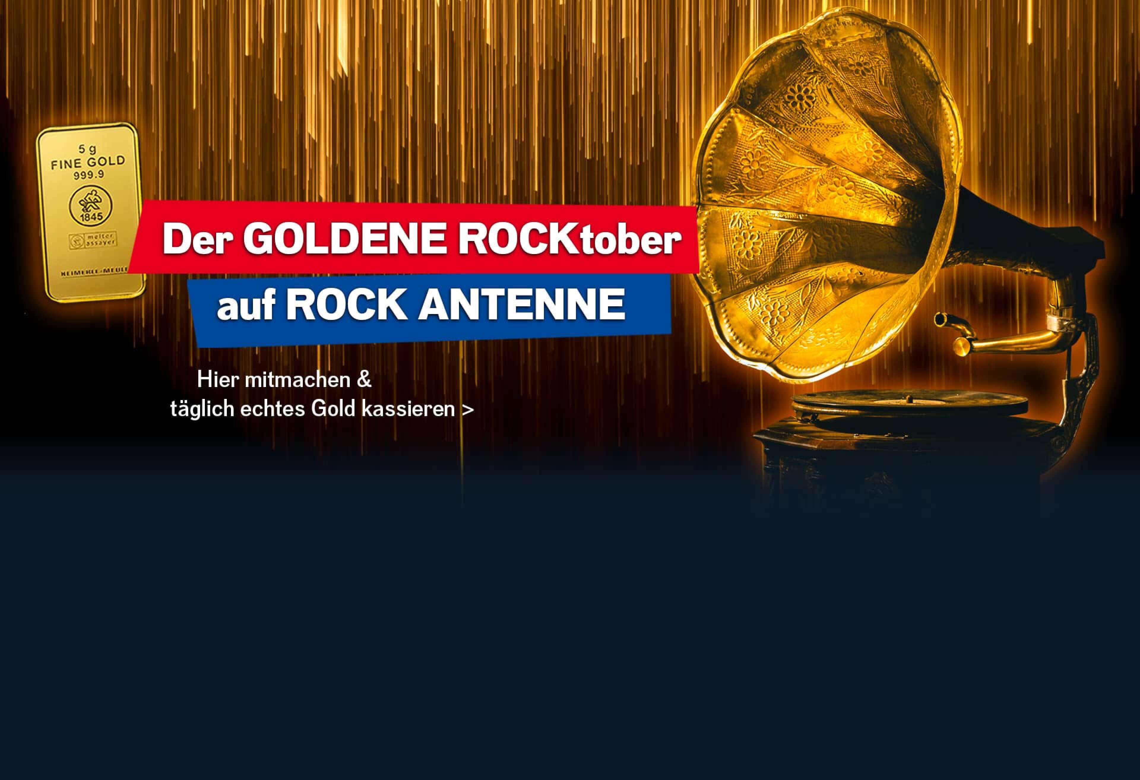 Bild eines Goldregens im Hintergrund, ein goldenes Grammophon im Vordergrund, dazu der Text: Der GOLDENE ROCKtober auf ROCK ANTENNE, Hier mitmachen und täglich Gold kassieren